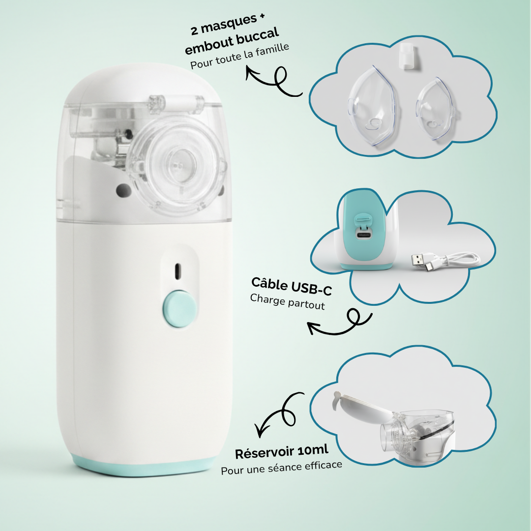 Kit complet Nébuliseur Nubio avec accessoires et câble de recharge usb-c – pratique et facile à emporter